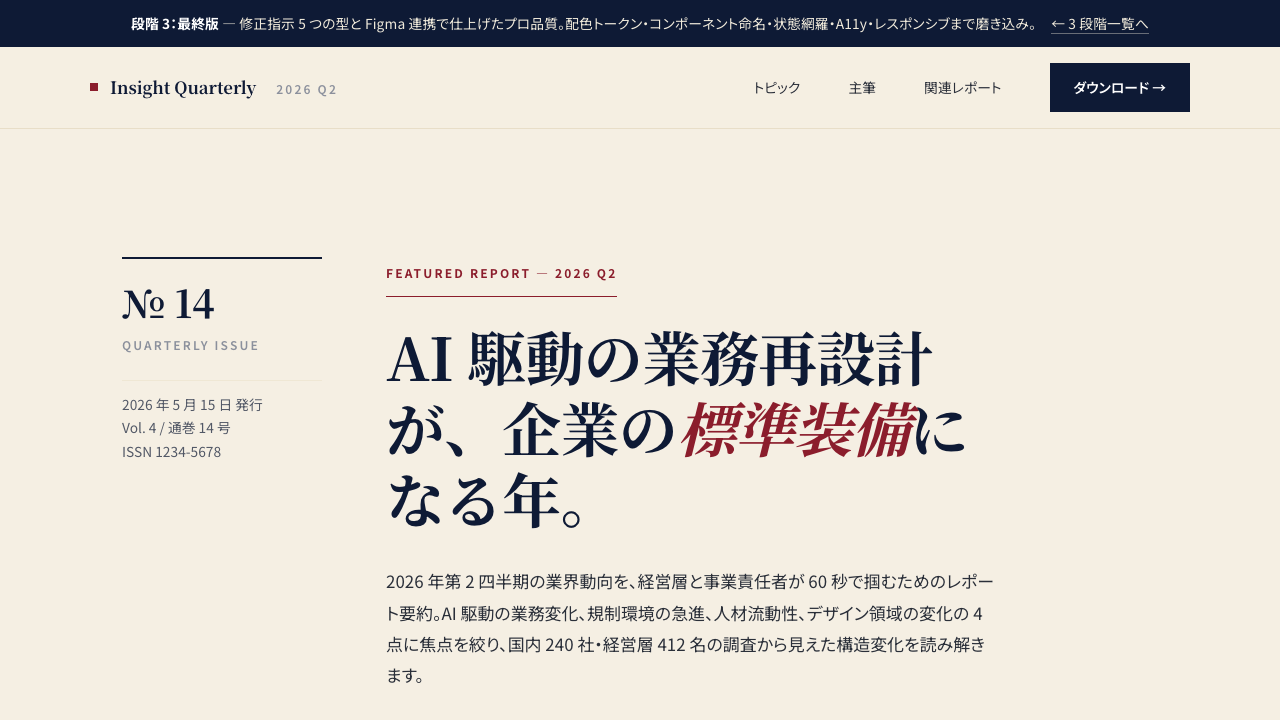 Insight Quarterly 2026 Q2 完成形イメージ①：ヒーロー、主要数値 4 個（68%／3.4倍／42%／+18%）、本号の主要トピック